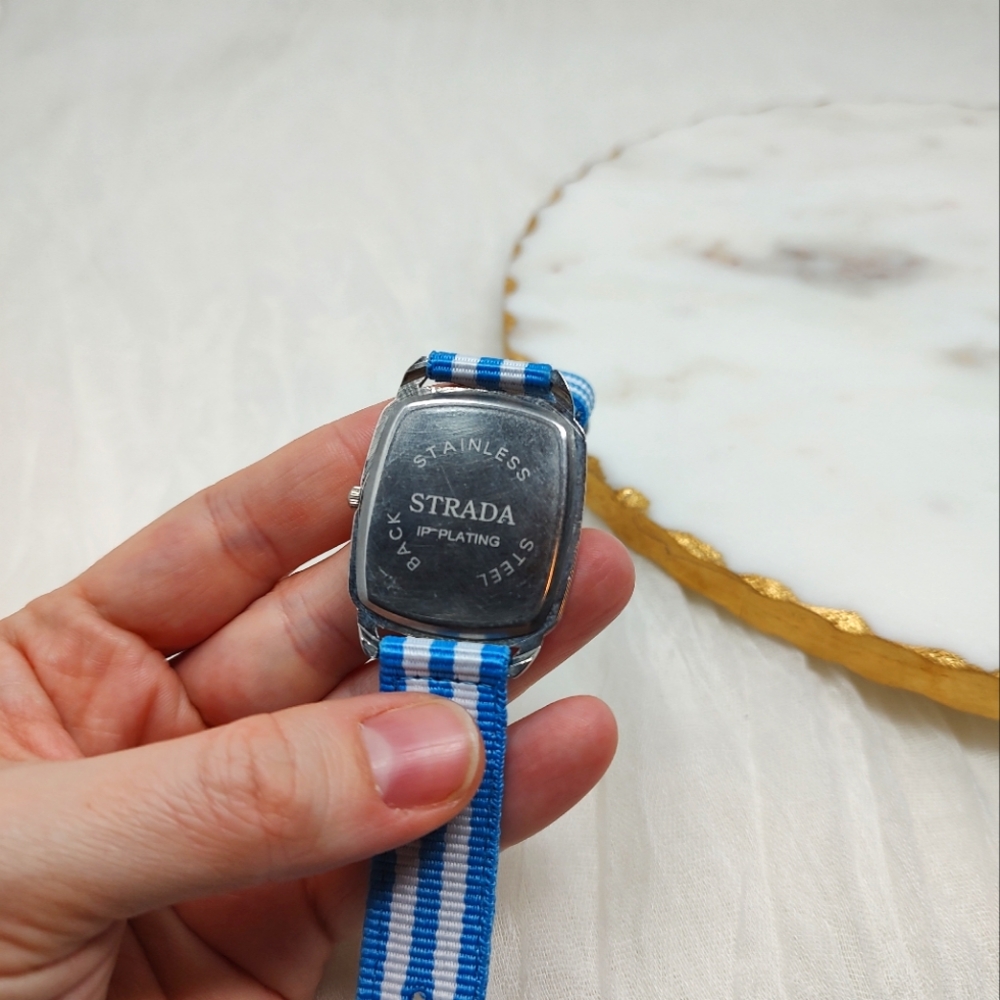 Strada blue and white striped fabric band watch silver tone frame around face - Picture 4 of 8